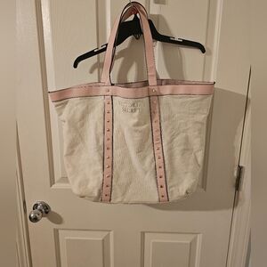 Victorias Secret Pink Studded Cream Canvas Extra Large Tote Gym Travel Book Bag